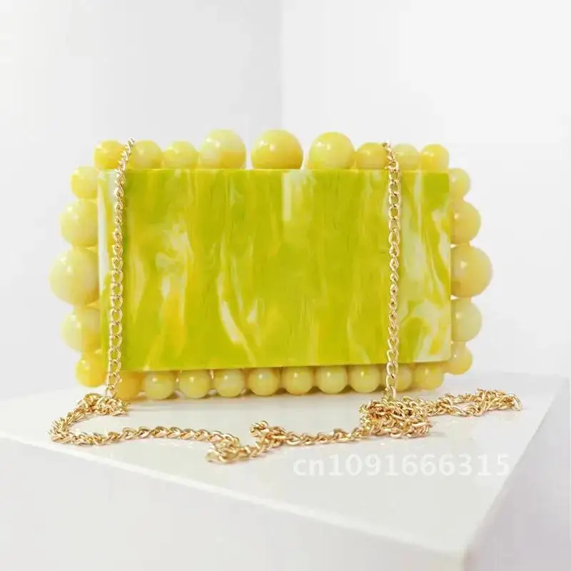 Evening Bag Acrylic Marble Crossbody Box Shoulder Bags Clutch Handbags Amber Square Cosmetic Women's Underarm Bead Yellow Small