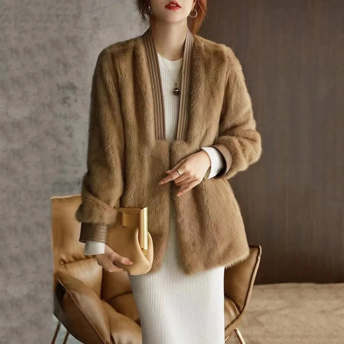 Autumn Winter Woolen Jacket 2026 New Lmitation Mink Velvet Women's Clothes Outeawer Solid Color Fashion Cardigan Female Coat