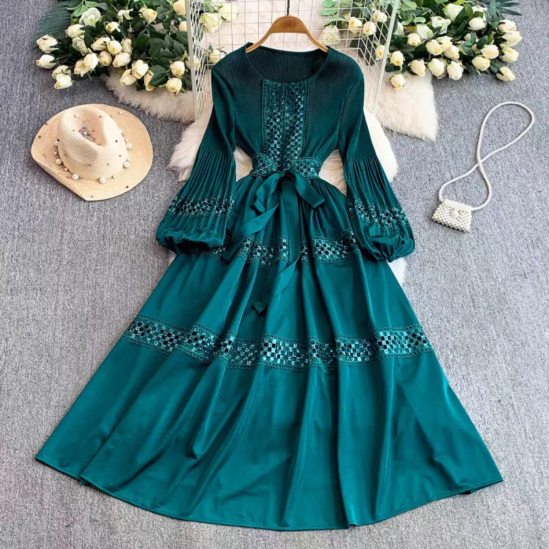 n Sle المطرزة الدانتيل جوفاء الترتر مطوي ريكان الدكتور المرأة عالية الخصر ألف خط تنورة طويلة Sve الاستخدام العالمي