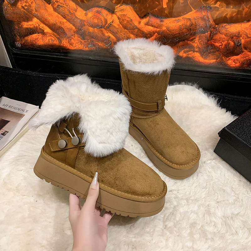 

Winter New Snow Boots Round Toe Suede Thickened Warm Rivet Platform Mid-tube Cotton Shoes