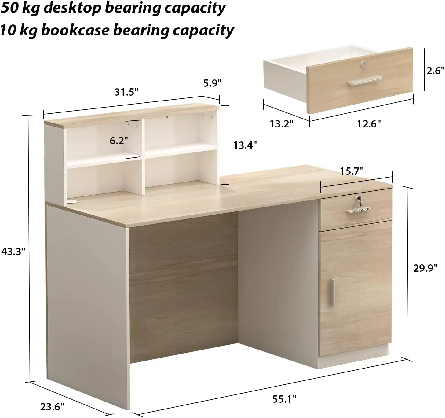 Reception Desk, Front Counter Desk With Lockable Drawer & Open Shelf, Reception Table Wooden Computer Desk For Office Reception