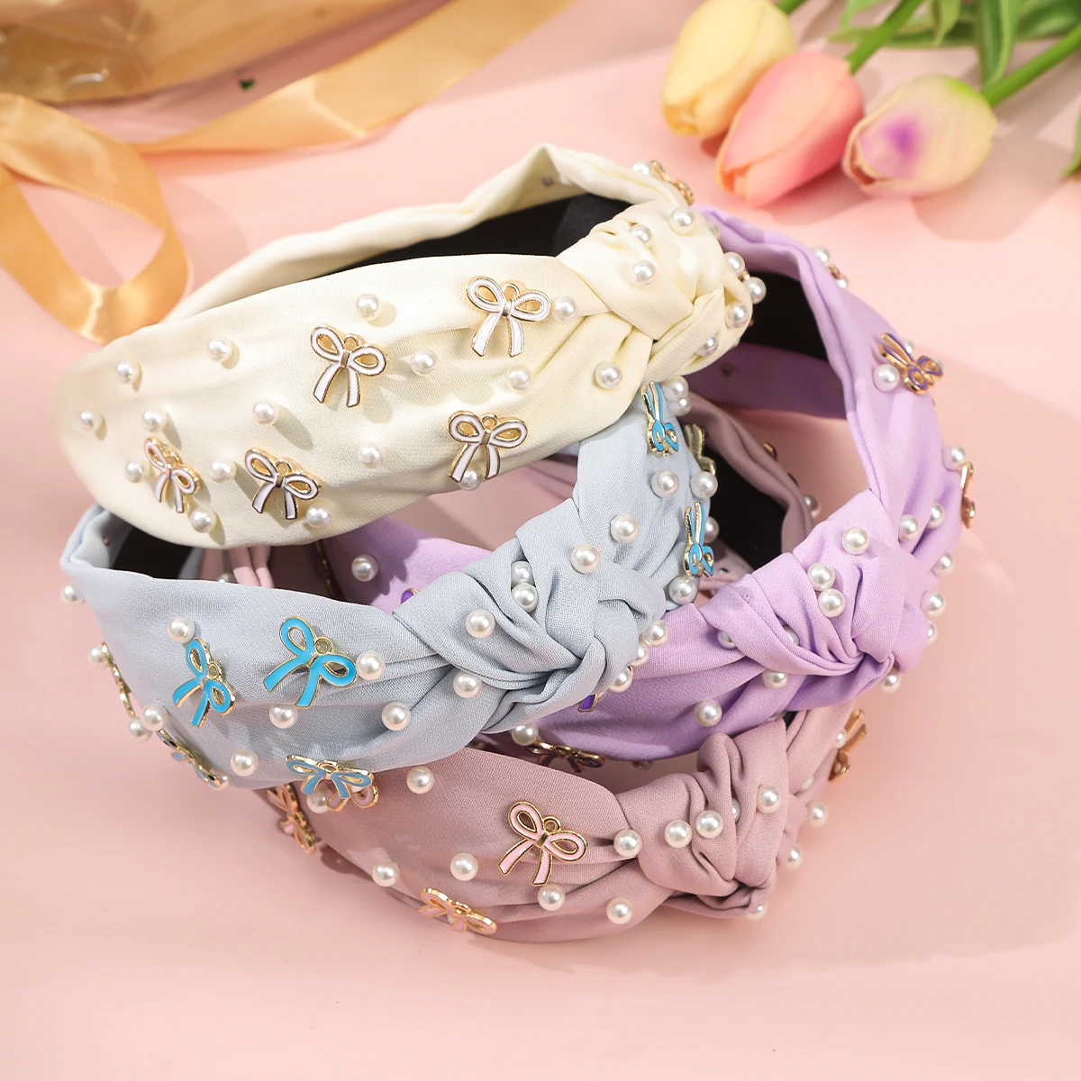 Fashion New Wide Edge Pearl Head Hoop Korean Version Knot Hairband Pressed Bow Headbands Women Hair Ornament