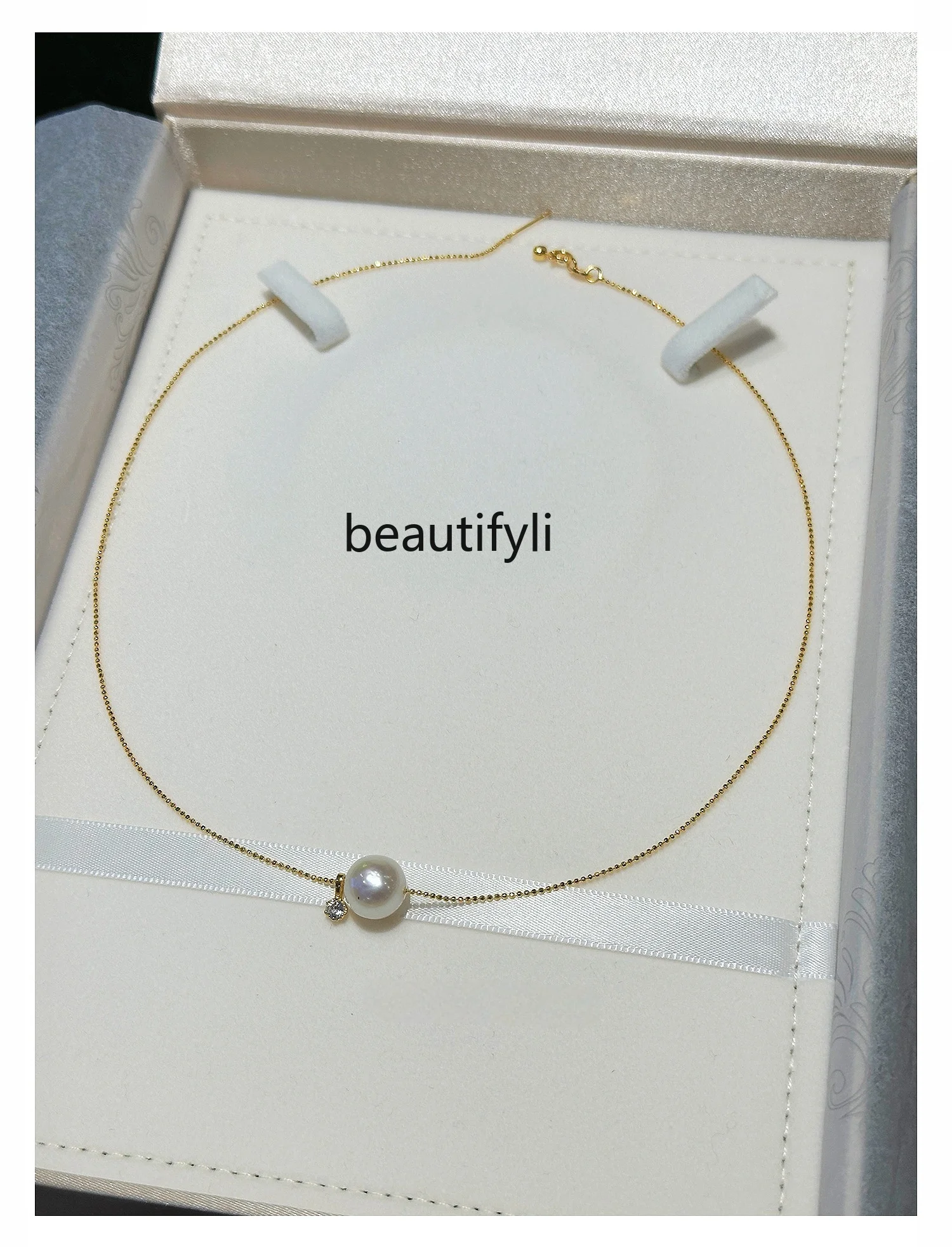 Single natural pearl necklace light luxury high sense S925 sterling silver zircon simple versatile collarbone chain women