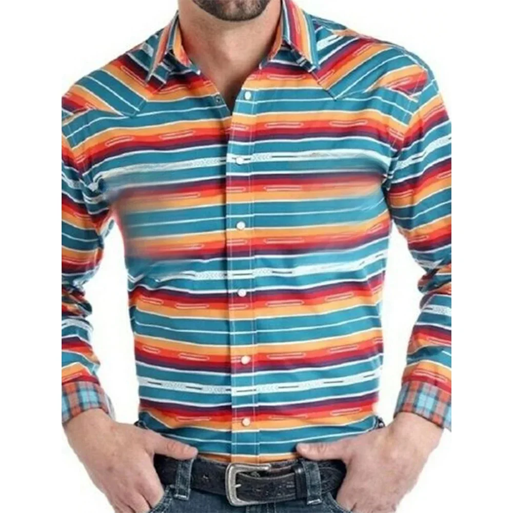 Men's Button-up Shirt Business Casual Spring/Summer Plus Size Long Sleeve Rainbow Striped Print Work Day Holiday Shirt