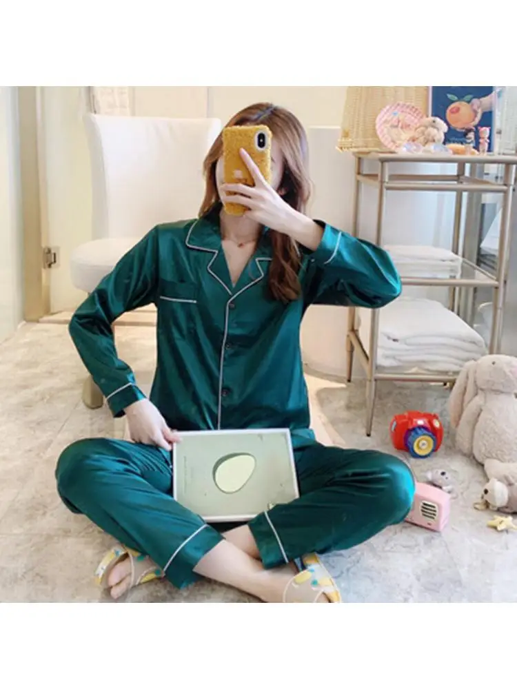 Women Summer Very Thin Imitation Silk Pajamas Long Sleeve Ice Set Casual Cardigan Can Outside Home Clothes Air Conditioned 5XL