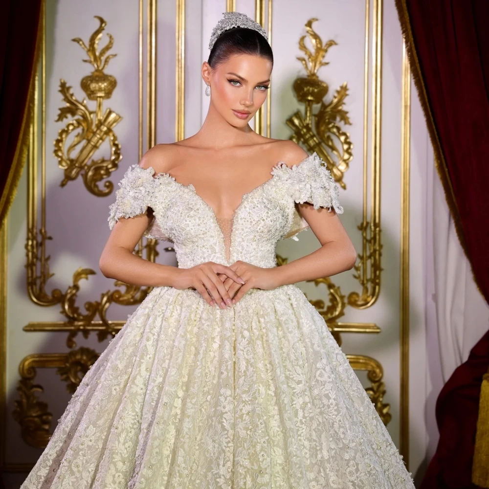Gorgeous Shiny Pearls Lace Appliques Wedding Dress V-neck Off Shoulder Bridal Gown Customized Ball Gowns Dresses For Bride