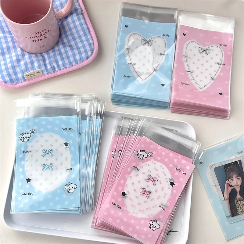 50Pcs Korean INS Ballet Style Blue Pink Bow Transparent Card Opp Bag Kpop Idol 3inch Photocard DIY Decor Packing Display Pocket