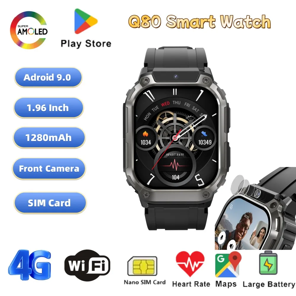 Новые умные часы Q80 4G SIM-карта Android 200 Вт Передняя камера Видеозвонок Google Play GPS WIFI Приложение Загрузка Спортивные умные часы для мужчин