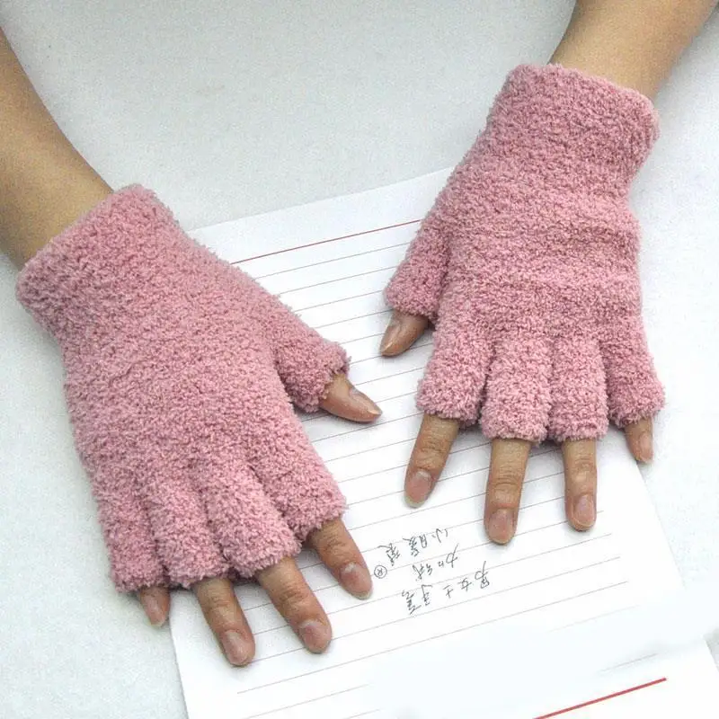 Winter Thicken Warm Coral Fleece Half Finger Gloves For Women Soft Plush Knitted Fingerless Mittens Solid Color Elastic Gloves