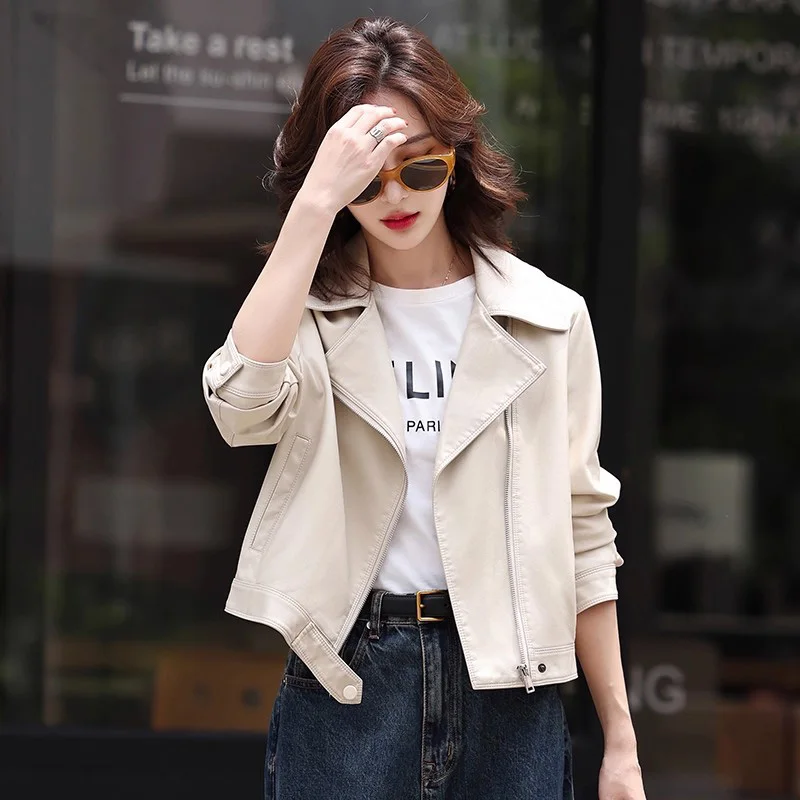 Nouveau Femmes Ample Veste en Refente de cuir Printemps Automne Mode Col cranté Manches longues Manteau court Veste en Refente de cuir décontractée Femme