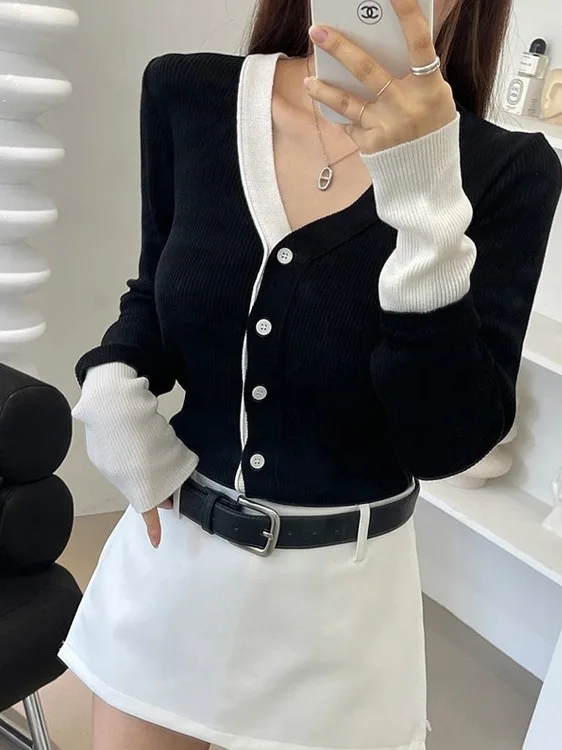 Ele fino ajuste de malha aberta cardigan feminino outono inverno novo sle v ne camada base personali camisola francês sle
