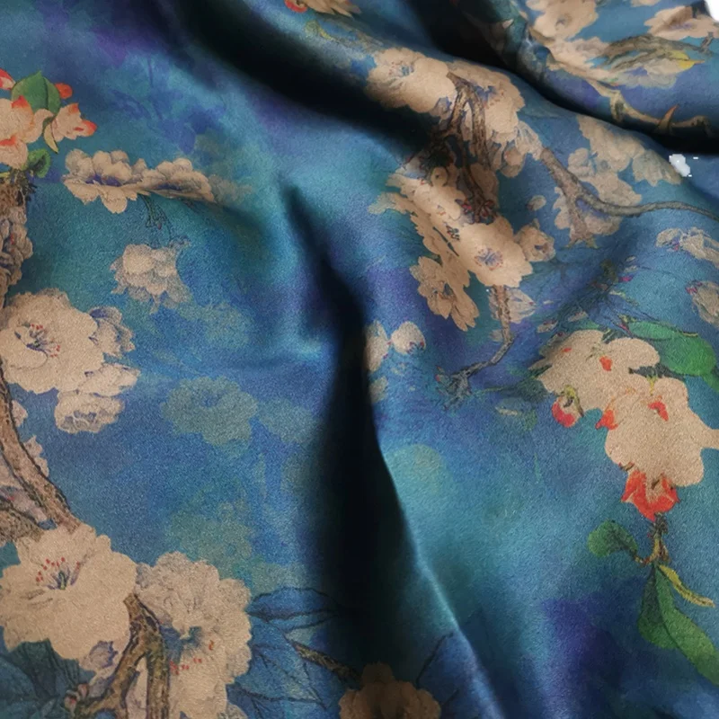 Heavy Blue Plum Blossom Gambiered Guangdong Silk Cloth 100% Mulberry Silk Cheongsam Silk Fabric Real Silk Gambiered Guangdong