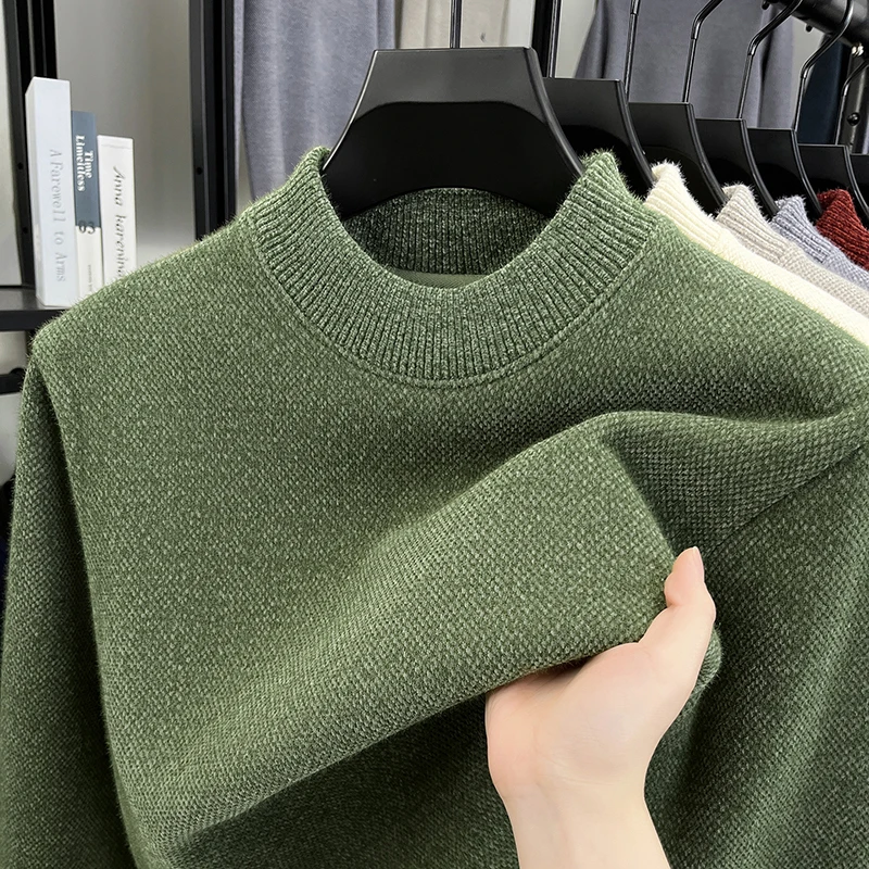 

High quality solid color men sweater autumn winter plush thicken warm round neck skin friendly soft comfort casual knit pullover
