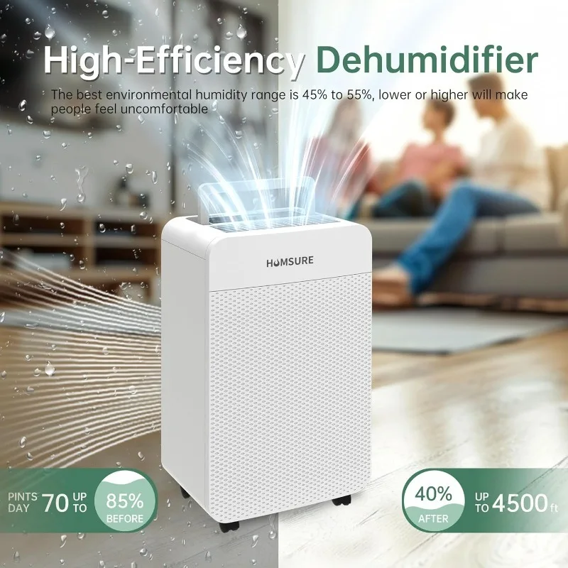 HUMSURE 4500 Persegi. Dehumidifier Ft 70 Pint untuk Ruang Bawah Tanah dan Rumah, Kamar Mandi, Kamar Tidur, Dilengkapi Selang Drainase