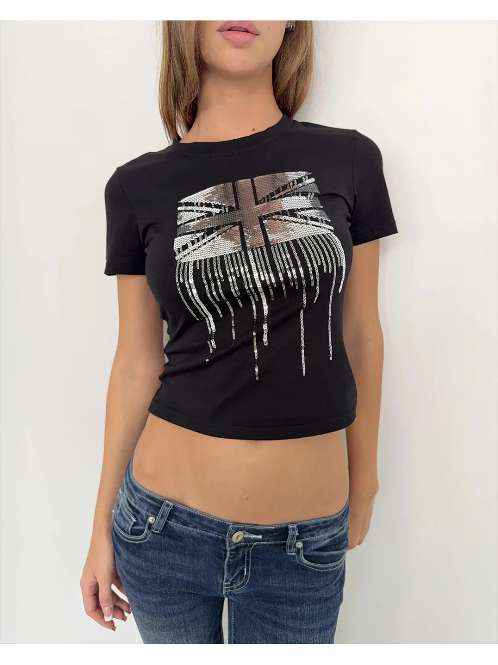 British style fashion casual T-shirt, sequined design, short slim and sexy, spice girl style short-sleeved T-shirt Spring/Summer