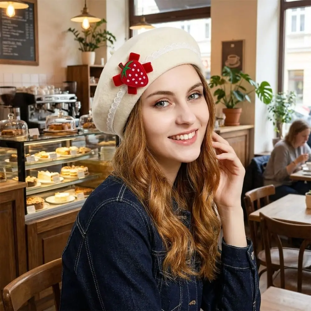 Solid Color Beret Hat Lace Edge Red Strawberry Decoration Pullover Beanie Cap Soft Pullover Bow Beret Autumn Winter Season