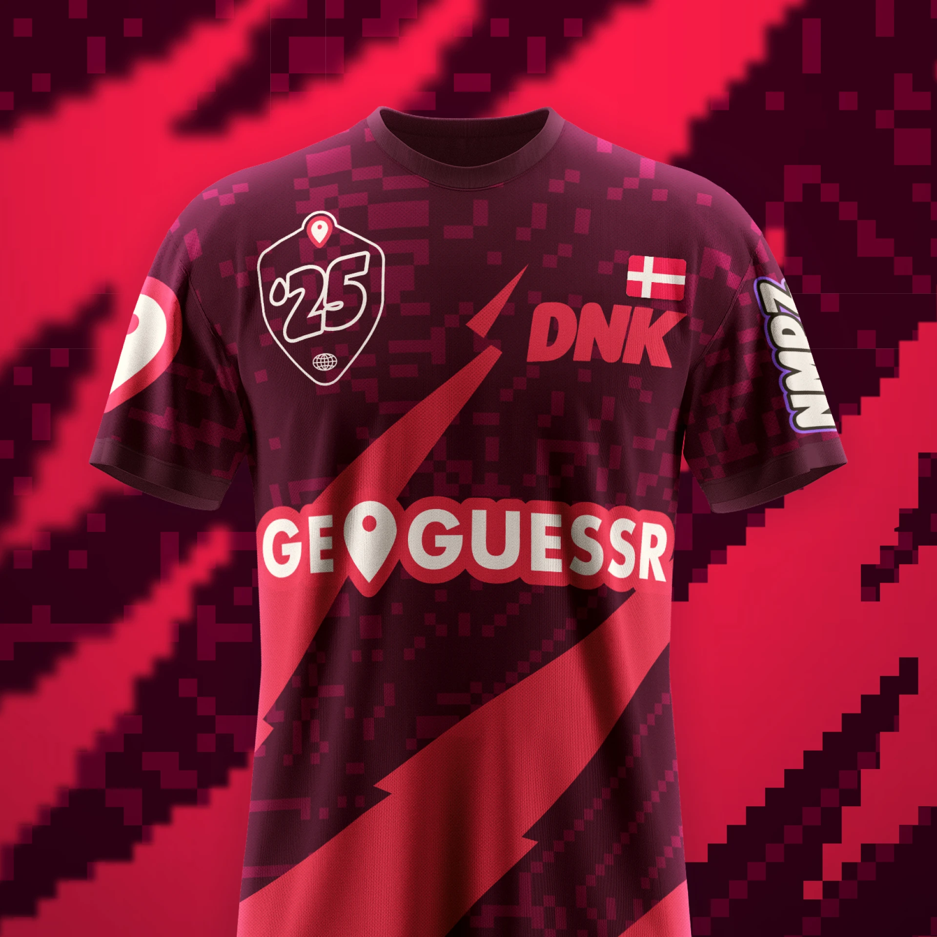 2026-27 New GeoGuessl DNK Denmark Esports Jersey Men's Maroon Pixel Camouflage Short Sleeved Gaming Fan Shirt Family Clothing