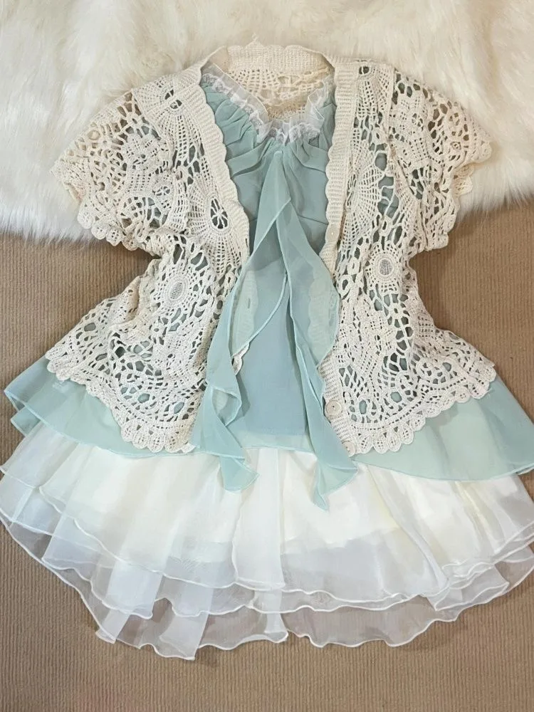 

Japanese Lolita Kawaii 2000s 3 Piece Skirt Sets Sweet Short Sleeve Blouse + Dot Slim Lace Bow Camis + Cake Mini Skirt Y2k Suits