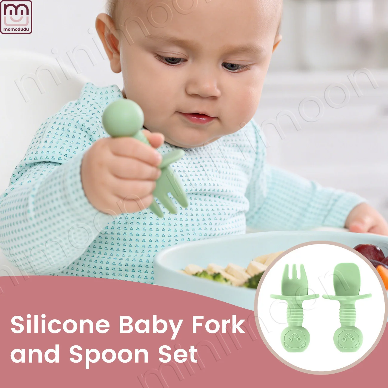 

Набор из 2 предметов для кормления малышей: силиконовые тренировочные ложка и вилка для младенцев, безопасные для пищевых продуктов