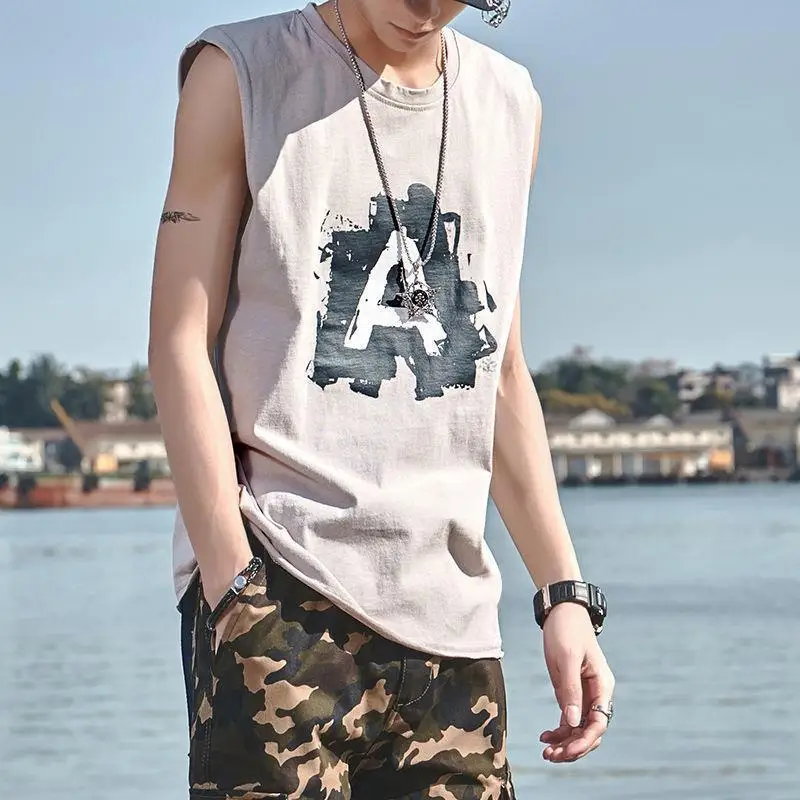 Summer New White Sleeveless Sports T-shirts Printing Letter Loose Simplicity Solid Tank Tops Street Casual Fashion Men Clothing