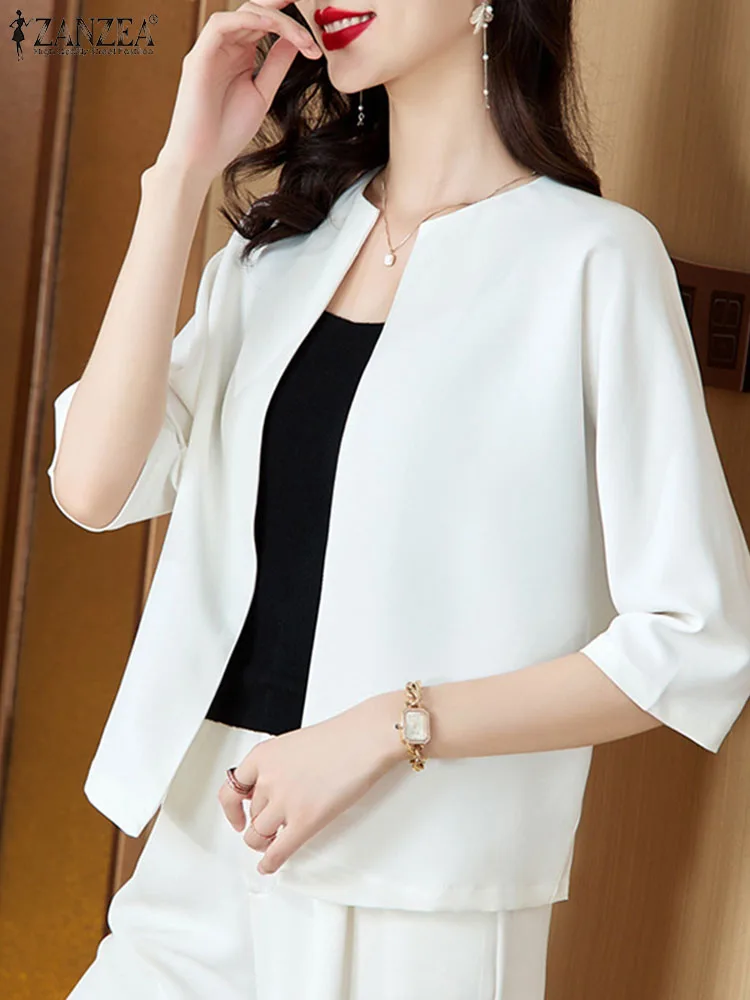 ZANZEA Summer Elegant Solid Blazer Suits Fashion Women Short Sleeve Office Work Blouse Vintage OL Shirt O Neck Jackets Thin Tops