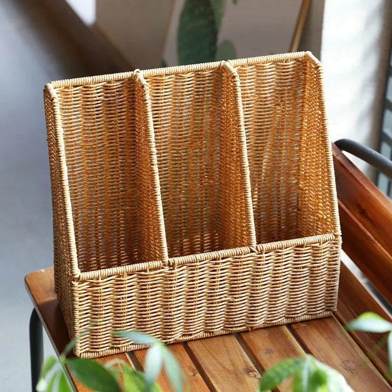 Imitation Rattan Weaving Display Stand Partition Design Book Shelf Desktop Magazine Organizer Shelf Office File Storage Basket