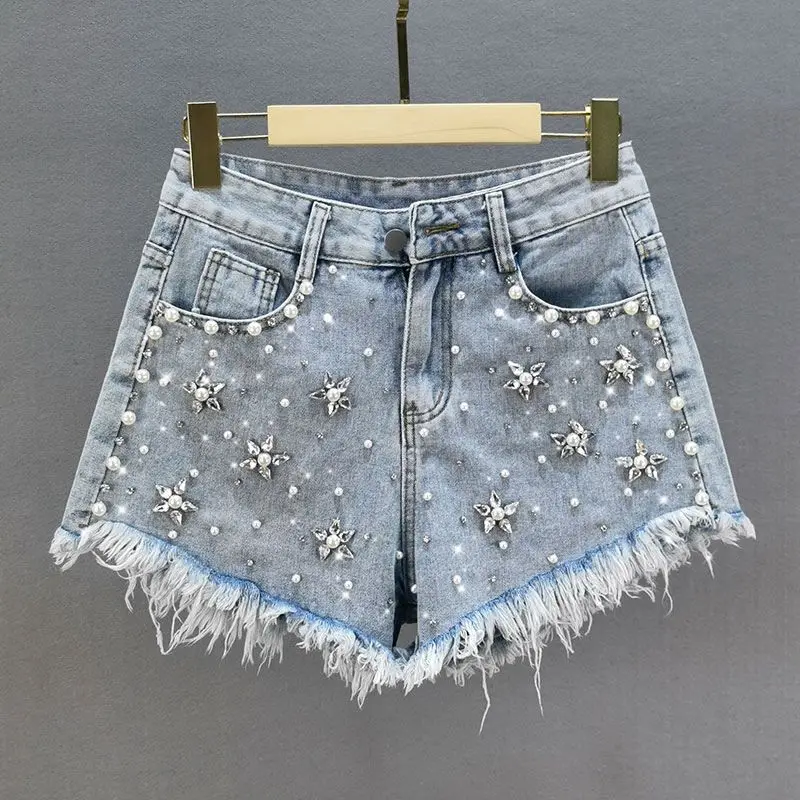 

nail bead torn hole denim shorts for women's summer new Korean loose high waist wide leg pants fashionable hot pants