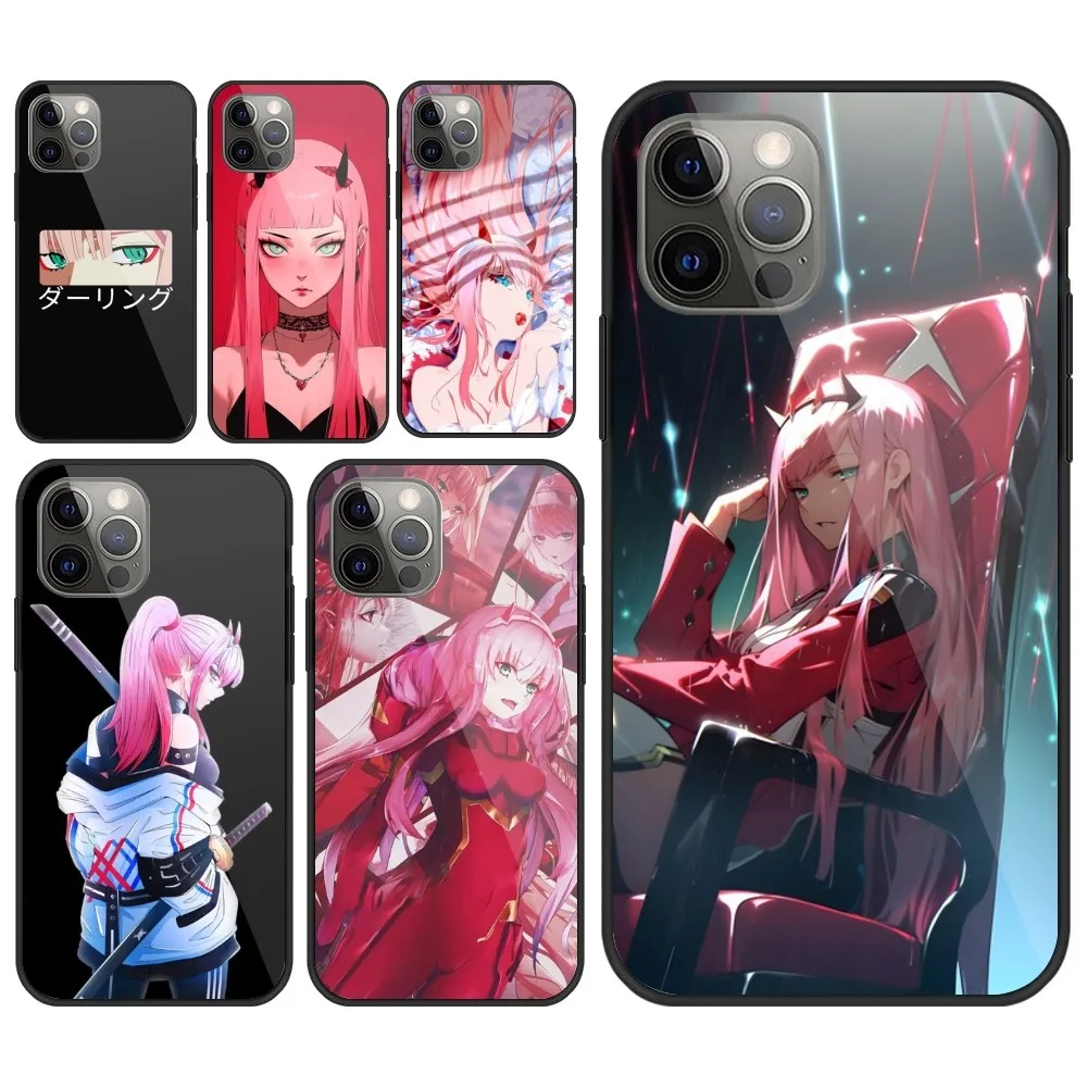 DARLING Zero Two Mobile Phone Case for iPhone 15 14 13 12 11 XS X 8 7 6 Plus Mini Pro Max SE 2022 PC Glass Phone Cover Funda