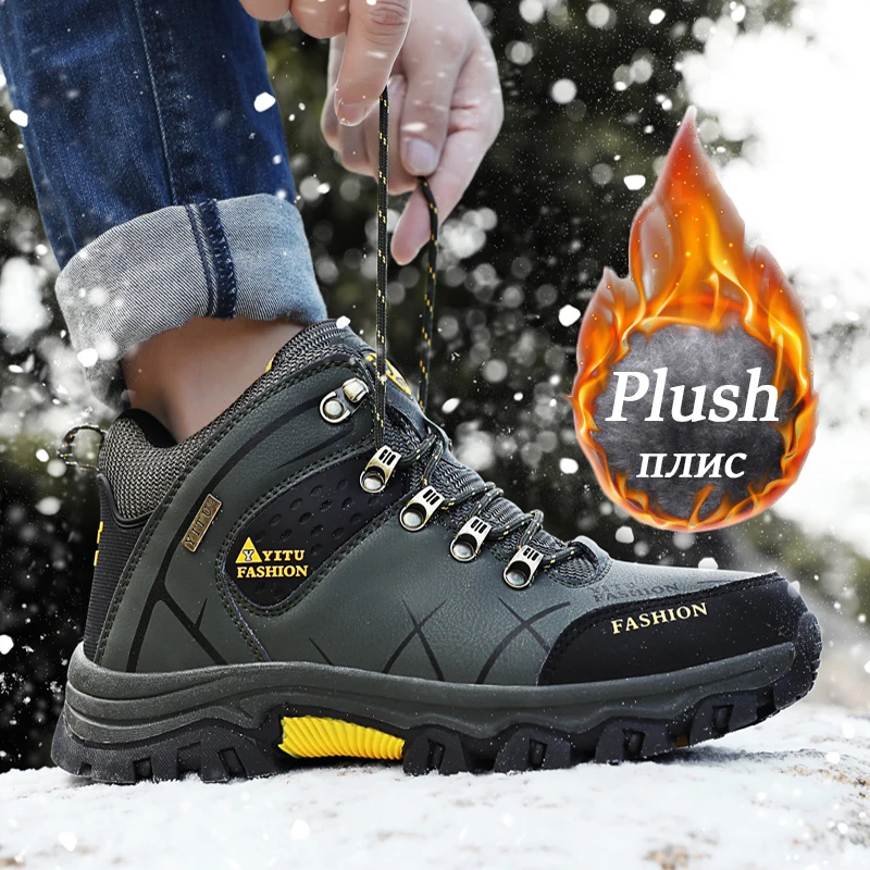 Brand Men Winter Snow Boots Waterproof Leather Sneakers Super Warm Men\'s Boots Outdoor Male Hiking Boots Work Shoes Size 39-47