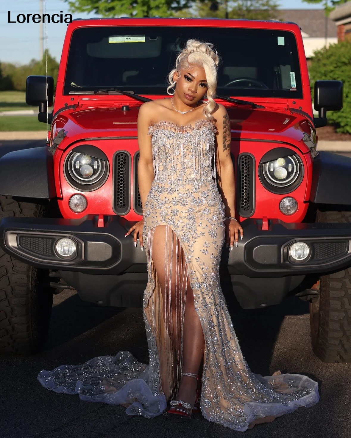 

Customized Sparkly Champagne Women's Evening Prom Dress Glitter Crystal Beaded High Slit Party Gowns Robe De Sorrie YPD292