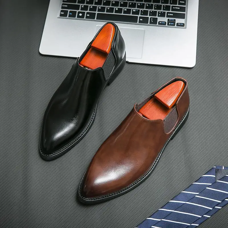 

Fashion Men Dress Shoes 2026 Formal Slip-On Loafers Pointed Toe Leather Shoes Breathable Lightweight Office Wedding Party Shoes