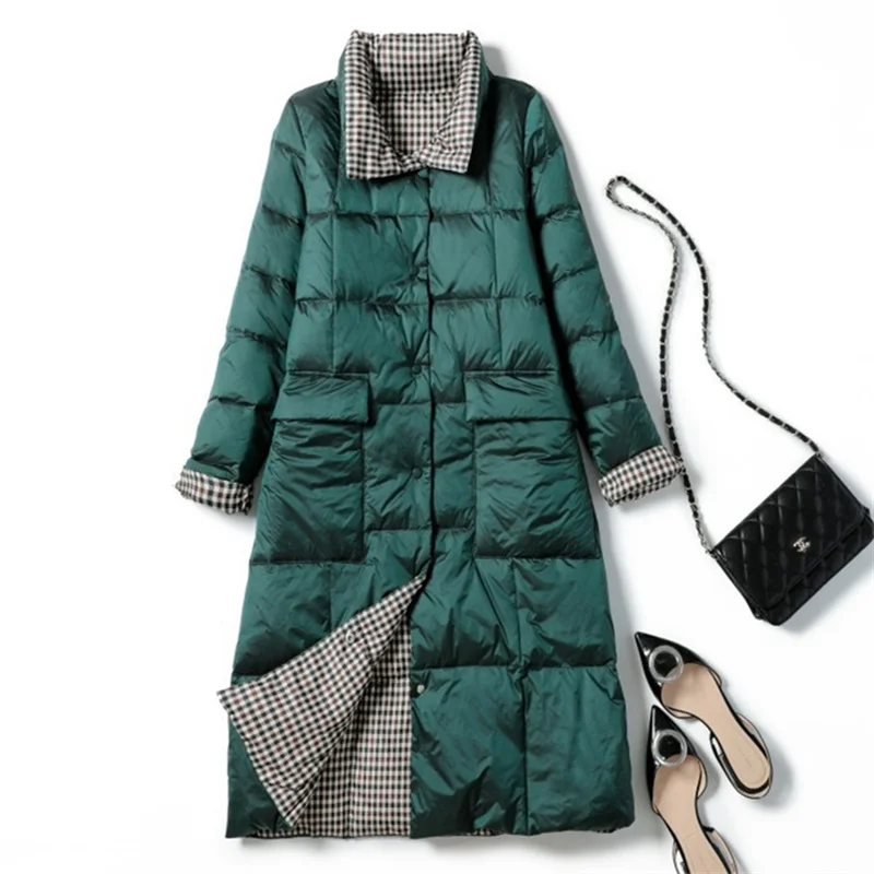 

Women Double Sided Down Jacket Autumn Winter Warm Thicken White Duck Down Coat Parkas Female Long Plaid Bigsize Puffer Outwears