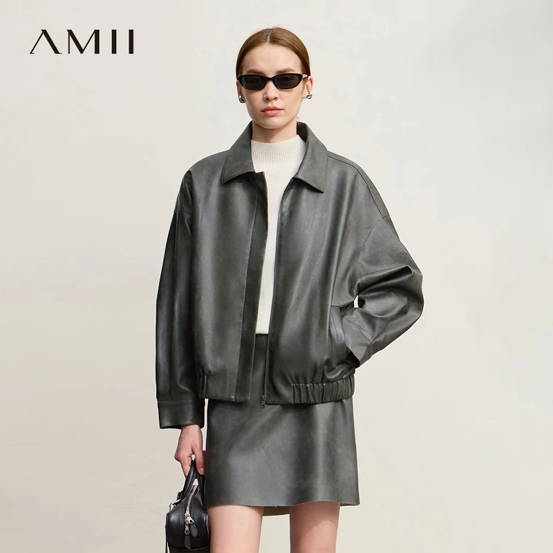 Amii Leather Jacket 2026 Winter New Retro Lapel Loose Long Sleeve Top Woman Casual Zipper PU Leather Jackets For Woman 12554050