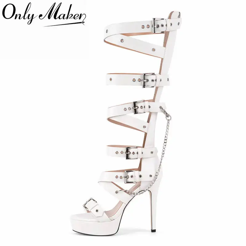 

Onlymaker Platform Knee High Eyelets Belt Strap Buckle Sandals with Chain Strappy Stiletto Heels Party Dress Gladiator Sandals