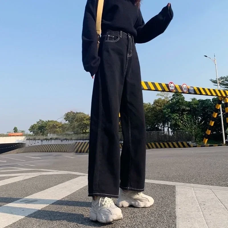 Black Jeans Women Streetwear Korean Style Straight Denim Bright Line Decoration High Waist Fashion Full Length Vintage Autumn