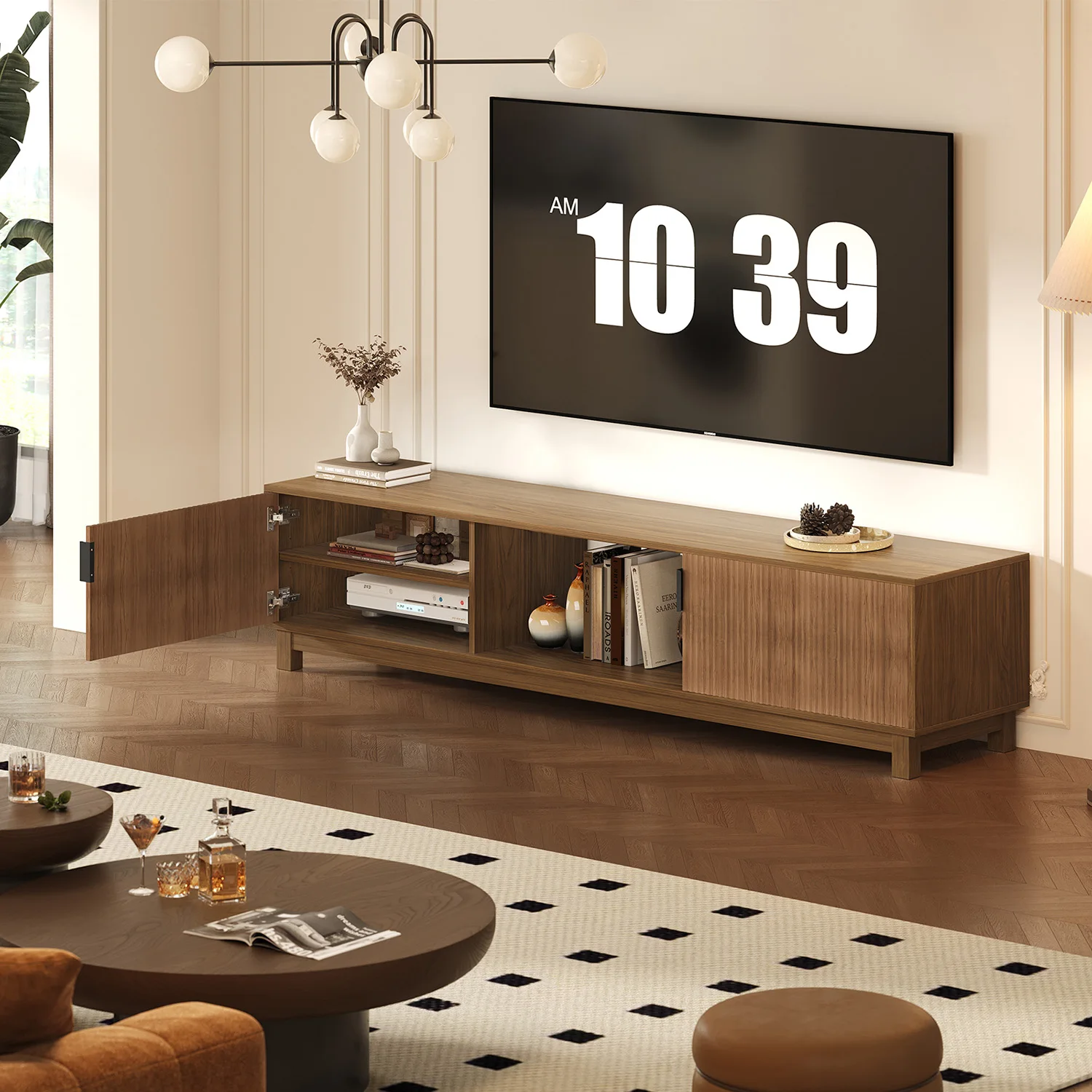 Mid Century Modern TV Stand for TVs Up to 80 Inches, Fluted TV Console Table with Open Storage Shelf, 70