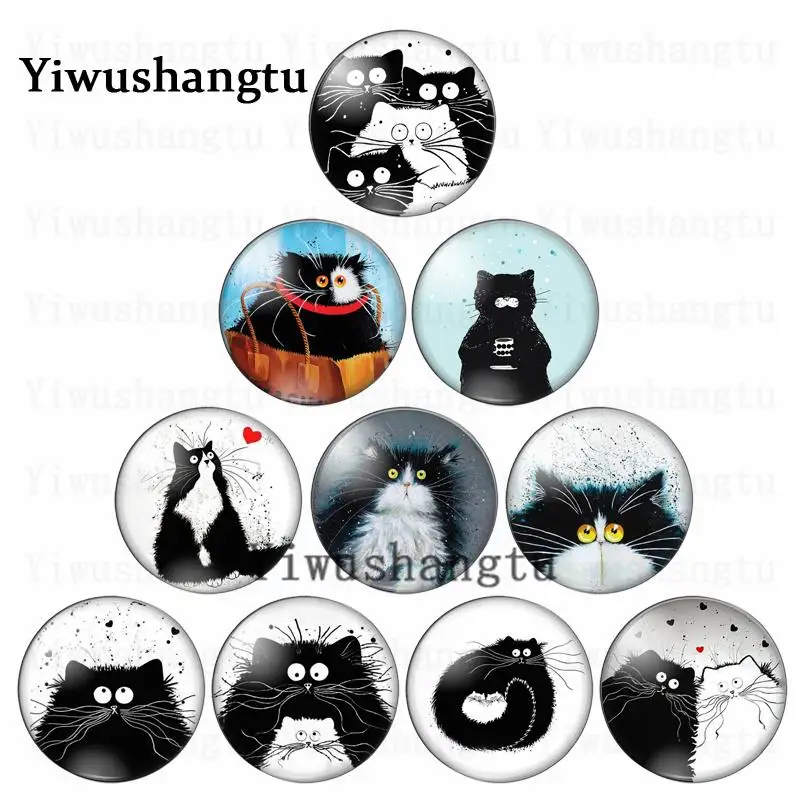 Cute black and white cat art  2mm/20mm/25mm/30mm photo glass cabochon demo flat back Making findings