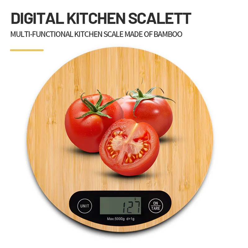 Multifunctional electronic kitchen scale with a bamboo panel, equipped with high-precision sensors and LCD