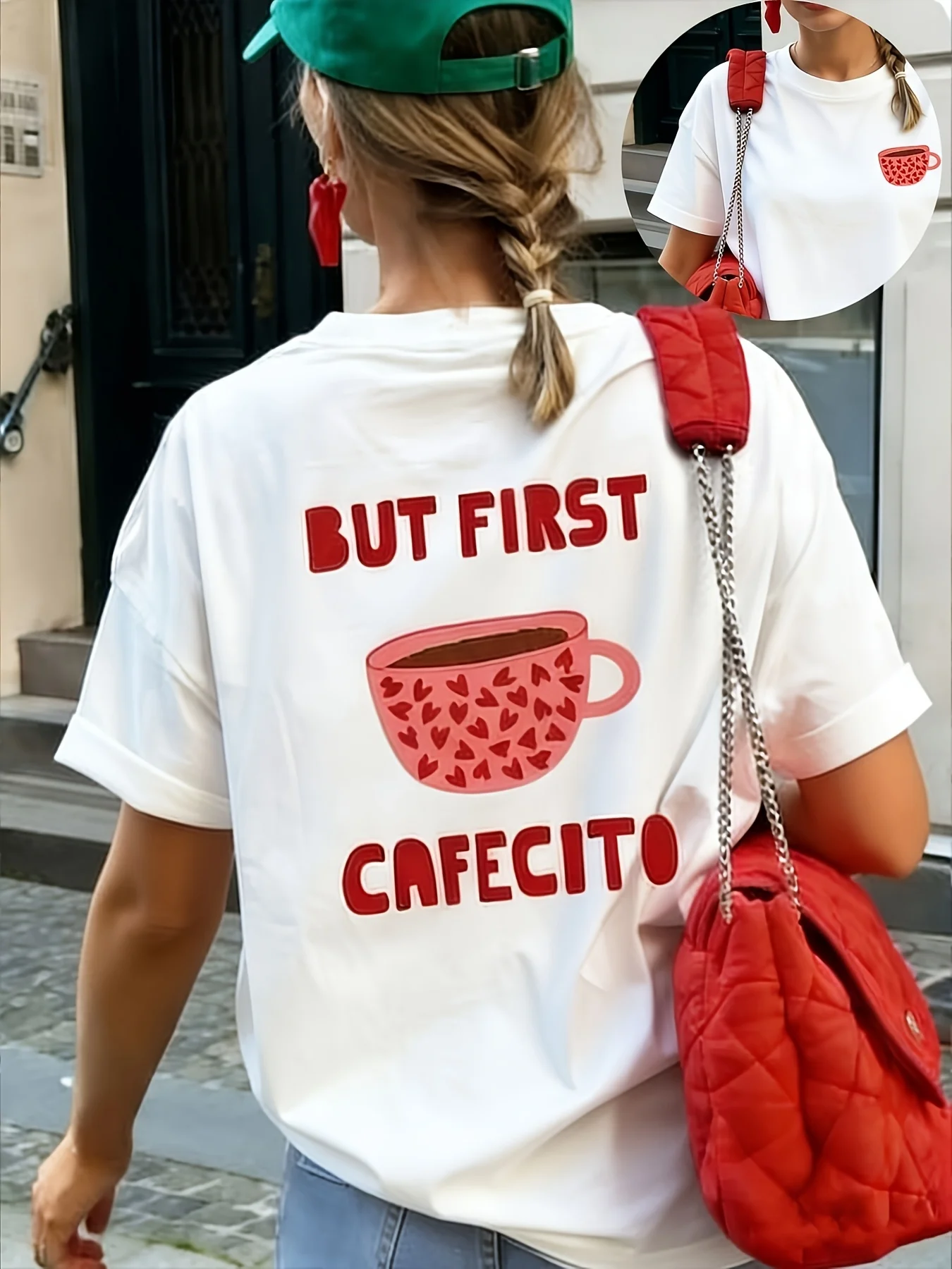 2026 Spring and Summer Women'S Casual Short Sleeve T-Shirt with Cartoon Style Featuring A 'BUT FIRST CAFECITO' Print Tops Tee