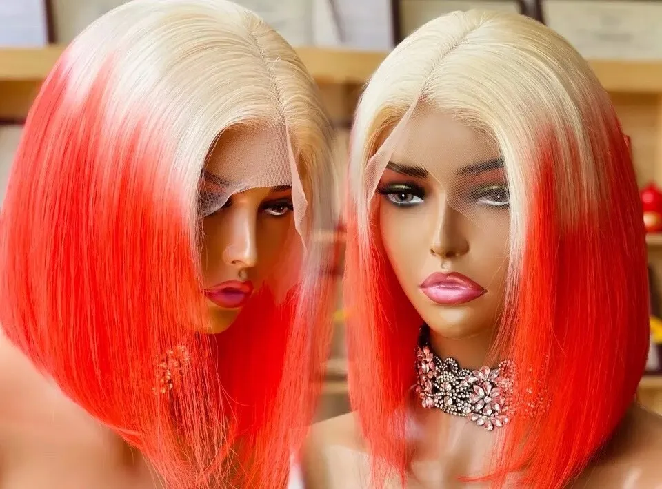 

platinum blonde and red European straightlace front ombre Wig