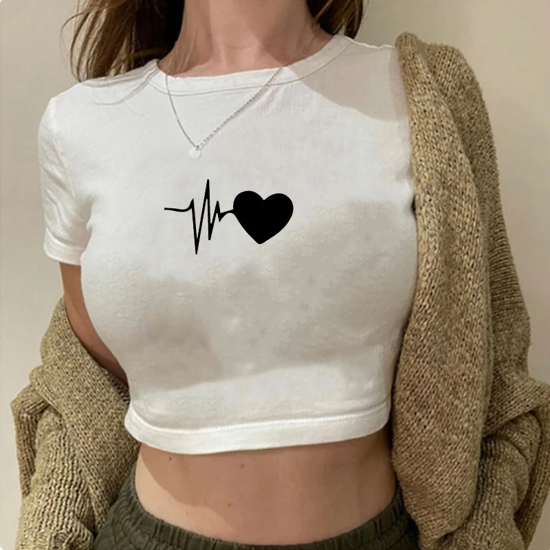 

Female Goth Pullovers Harajuku Crop Tops Seaside Perppy Summer T-Shirt Retro Fashion Street Elegant O Neck Slim Printed Clothing