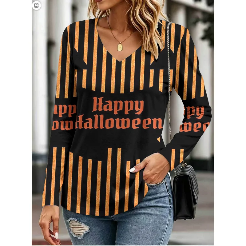 Pumpkin smiley face print women's comfortable long-sleeve top a must-have for everyday wearVCollarTShirt Bottoming Shirt