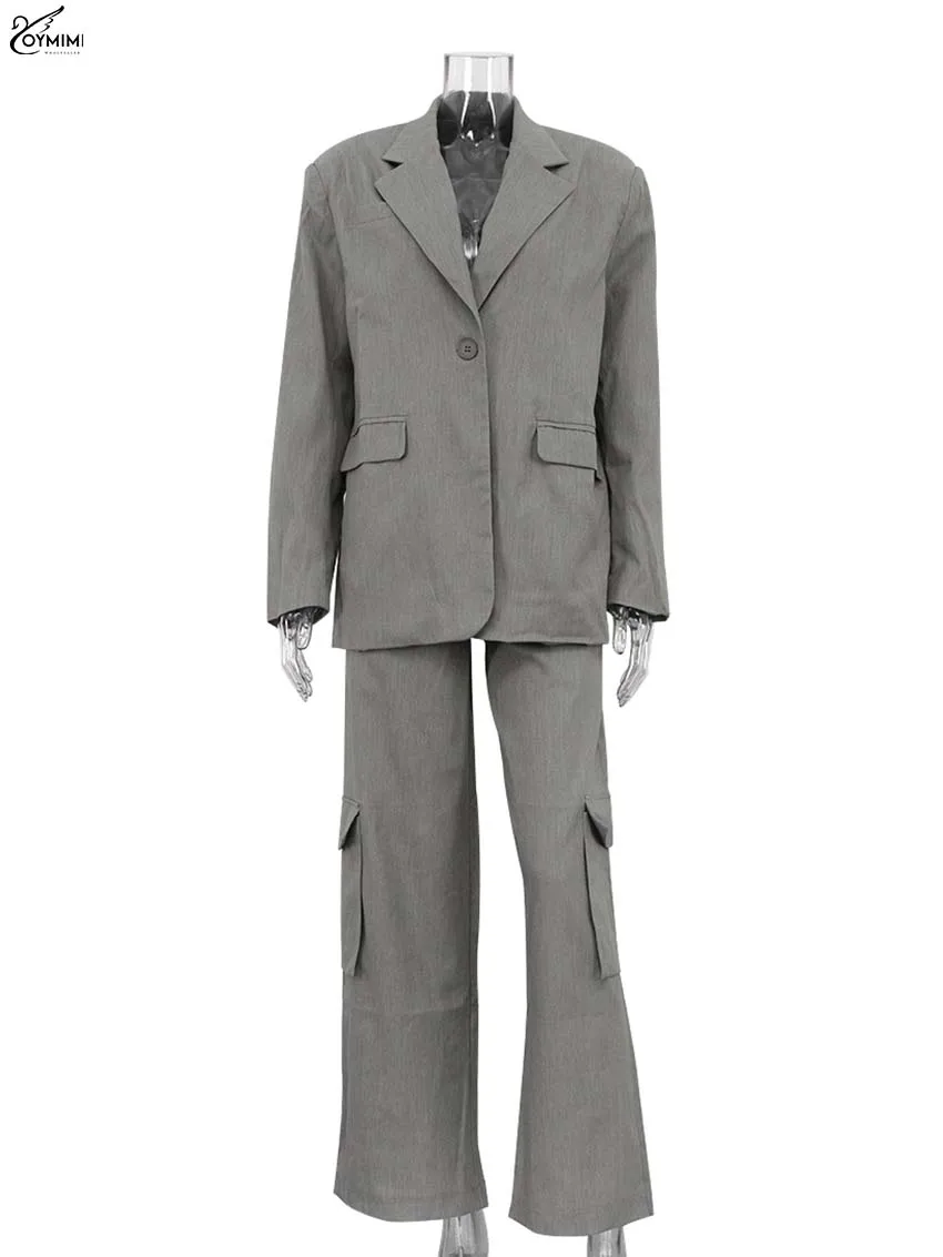 Oymimi mode gris bureau 2 pièces ensembles femmes tenue élégante à manches longues poche chemises et solide pantalon Cargo droit femme ensemble