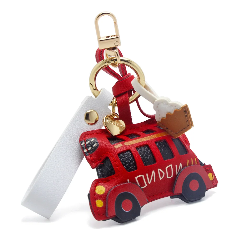 

British Cute Vintage Handmade Leather Keychain London Double Decker Bus Pendant Fashion Bag Charms Gift Women Decor Accessories