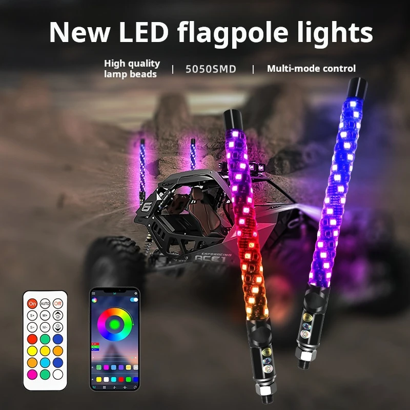 2PCS 1FT LED Whip Lights Bluetooth App Remote Control Flagpole Antenna Whips Lights Colorful Spiral LED Lamp for RZR ATV Truck