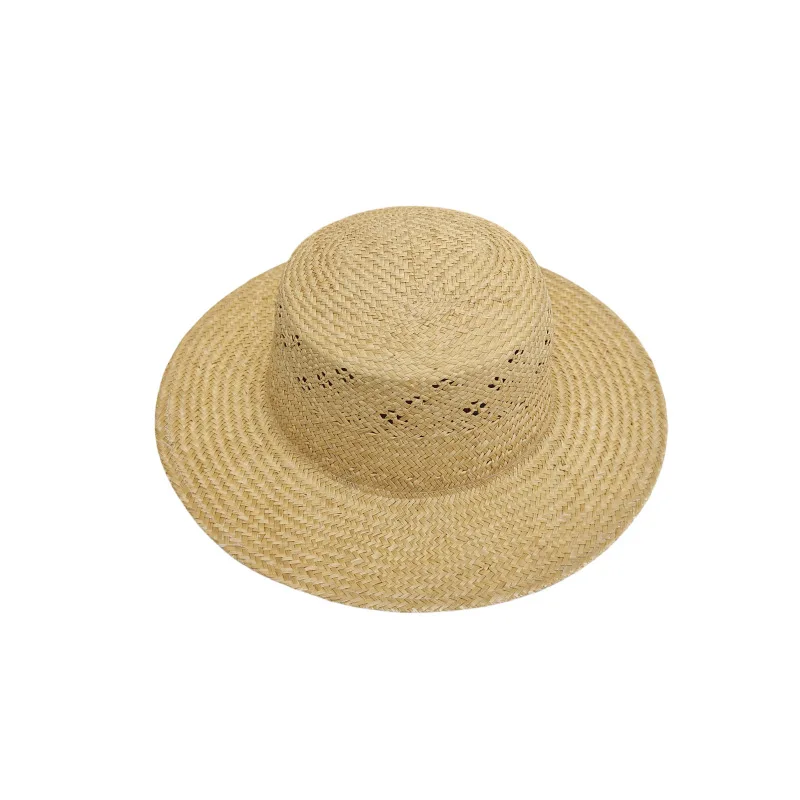 French Hollow Breathable Straw Woven Flat Top Hat Female All-matching Sun-proof Wide Brim Flat Brim Beach Straw Hat Summer