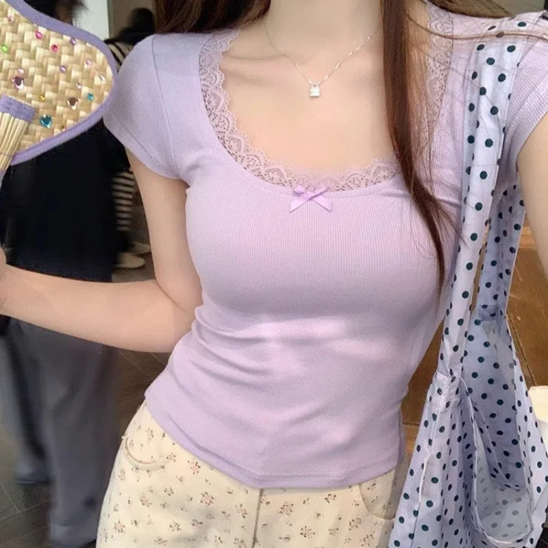 

Cotton Short-sleeved Lace Lace Beautiful Back Pure Style Design Short-sleeved T-shirt Outside and Inside Slim Body