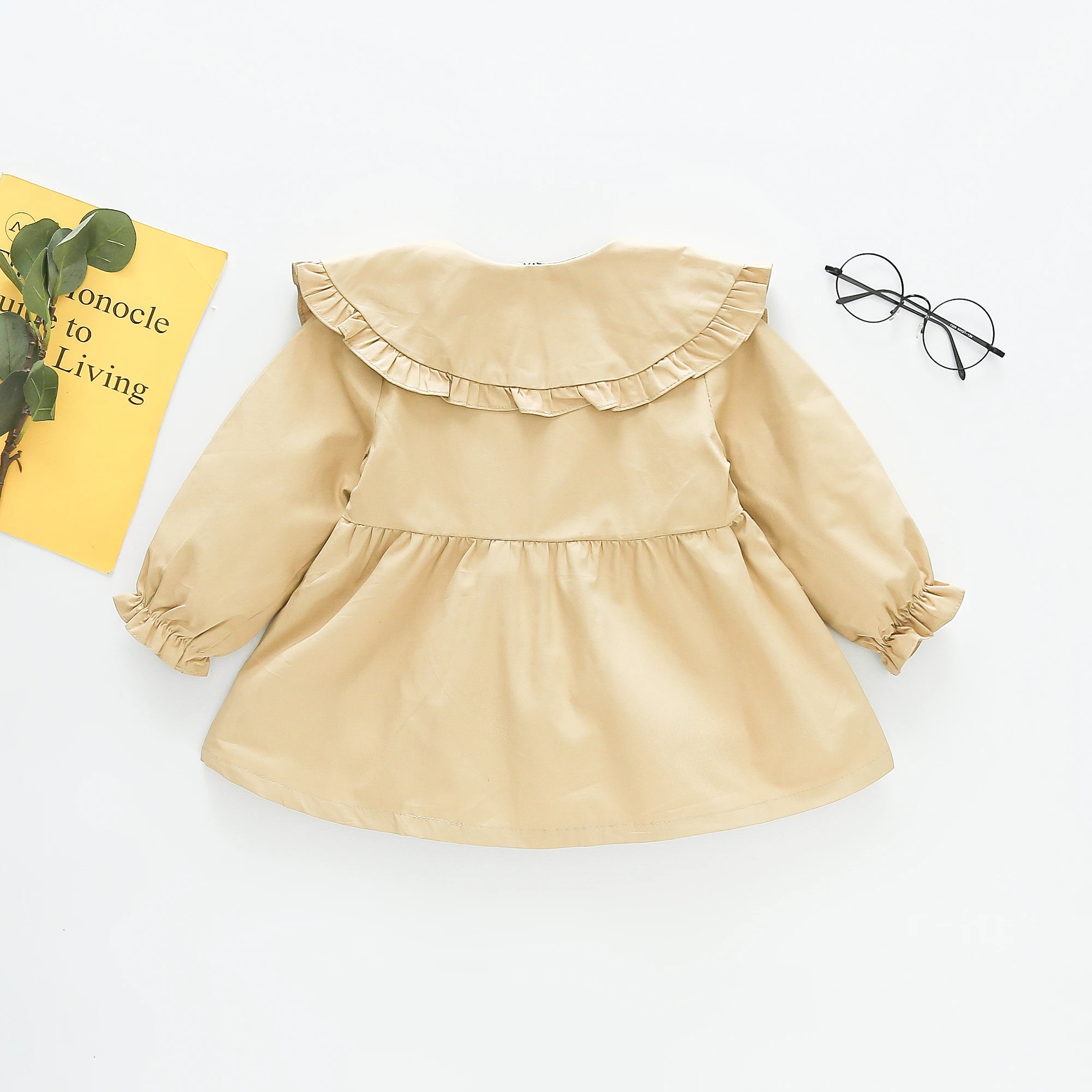 Spring Autumn Baby Girl Cotton Coat Korean Style Decorative Doll Collar Solid Color Long Sleeved Jacket for Girls Causal