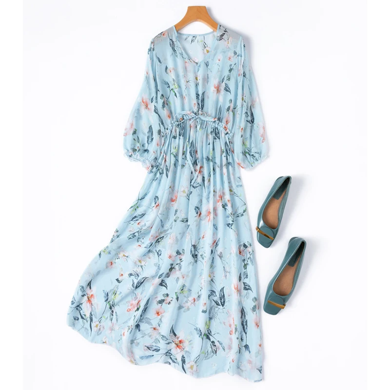 

Женское шелковое платье из 100% тутового шелка, синее, с цветочным принтом, прозрачные оборки, высокая талия, V-образный вырез, длинный рукав, длинное платье M1328