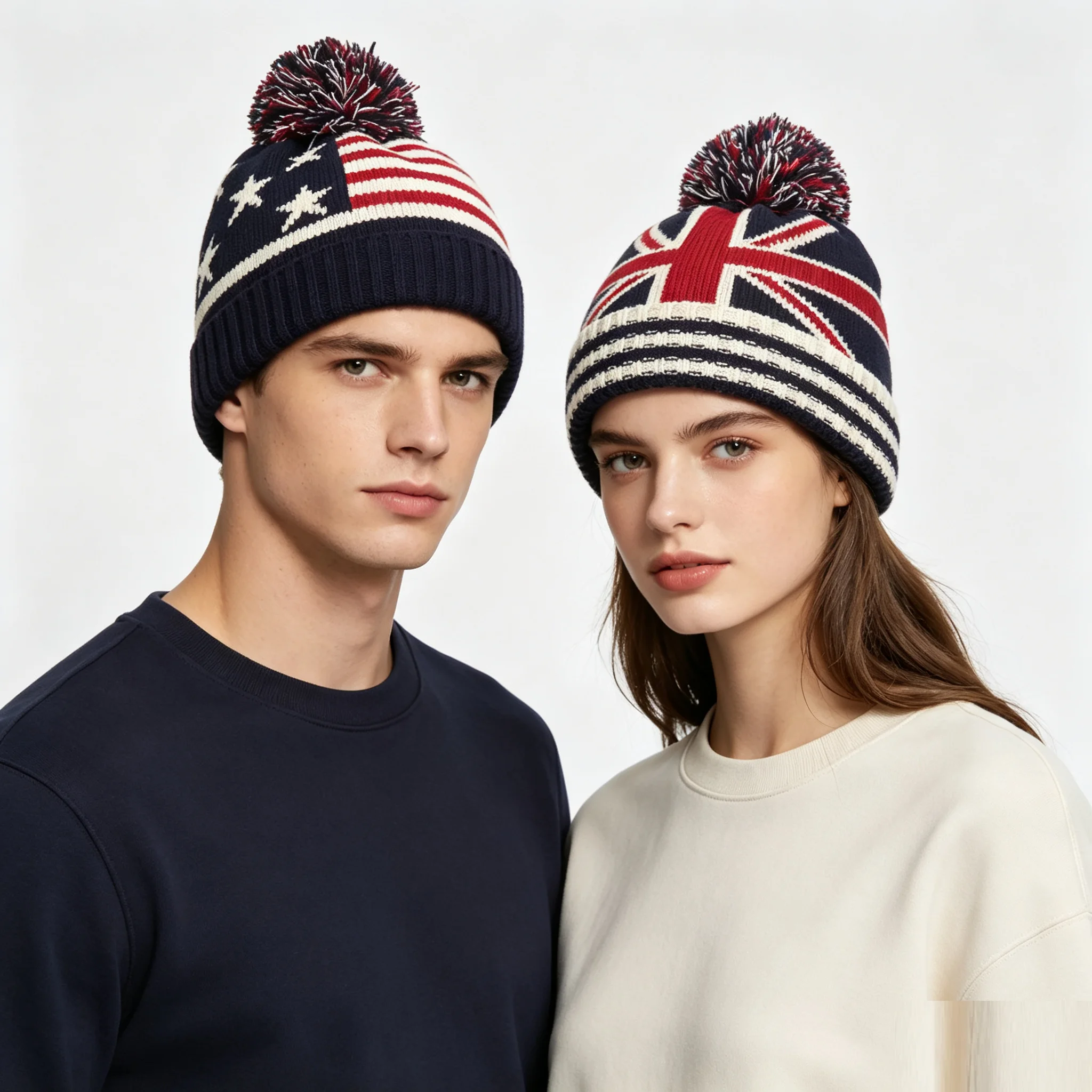 Beanie Cuffed Knit - หมวกไหมพรมกันหนาวแบบมีขอบพับพร้อมลายธงชาติอังกฤษและอเมริกา สำหรับผู้ชาย ผู้หญิง วัยรุ่น เด็กชาย เด็กหญิง